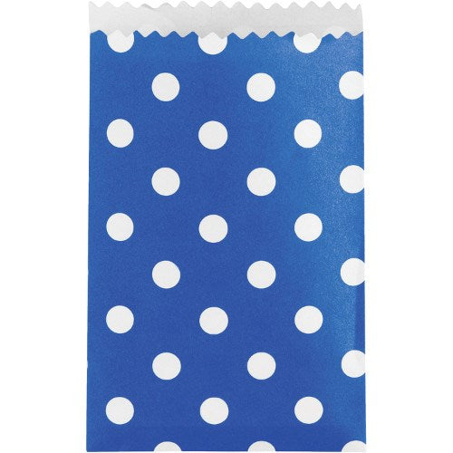 Small cobalt blue paper treat bag with white polka dots and scalloped top edge.