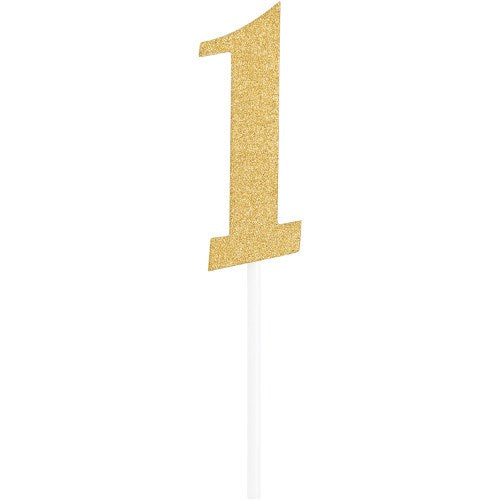 Gold glitter number 1 cake topper with white stick for decoration.