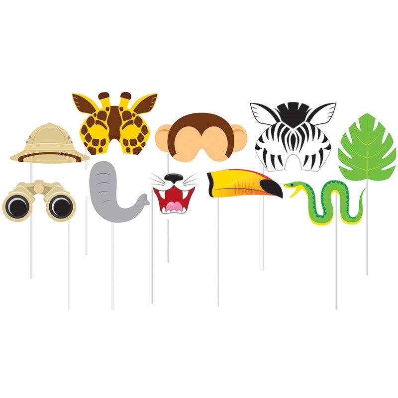 Jungle-themed party photo props including giraffe, monkey, zebra, toucan, snake faces, safari hat, binoculars, elephant.