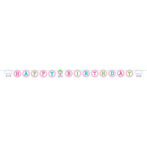 Colorful "Happy Birthday" banner with pastel circular letters on a ribbon with chef-themed icons.