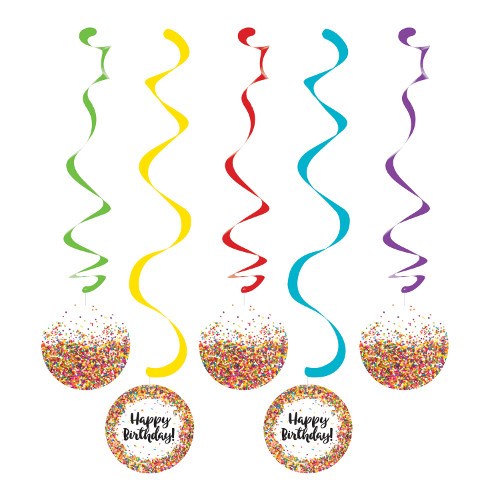 Five colorful spiral hanging decorations in green, yellow, red, blue, and purple with round glittery "Happy Birthday" signs.