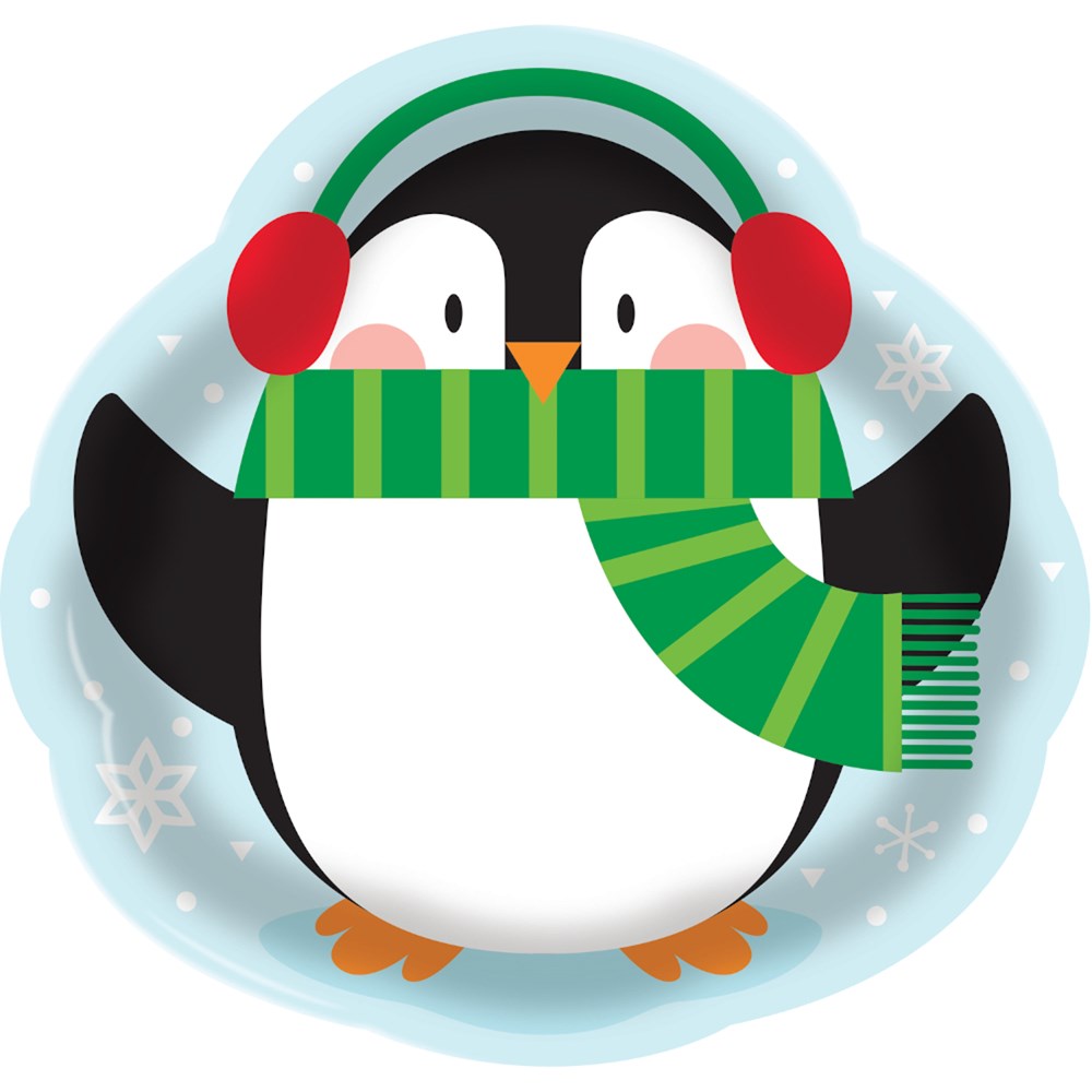 Penguin-shaped tray with black, white, and orange colors wearing a green striped scarf and red earmuffs on a light blue.