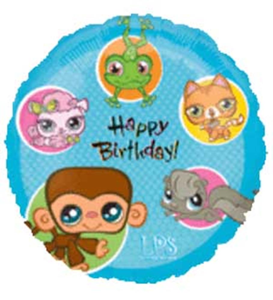 Round blue 18-inch Mylar balloon with colorful Little Pet Shop characters and "Happy Birthday!" text.