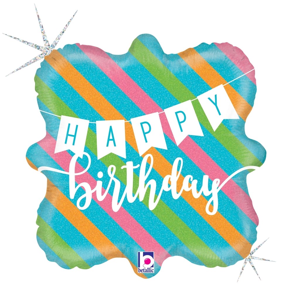 9-inch square holographic balloon with diagonal pink, blue, green, and orange stripes and white "Happy Birthday" banner text.