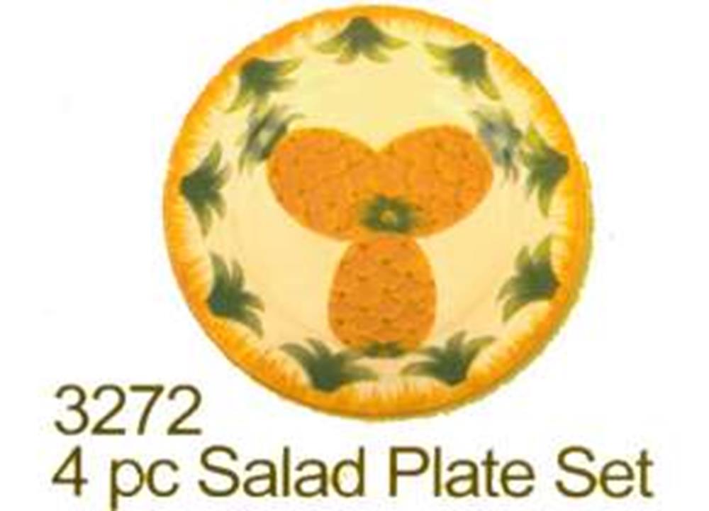 Round ceramic salad plates with a yellow pineapple design, green leaves, and a scalloped orange edge, set of four.