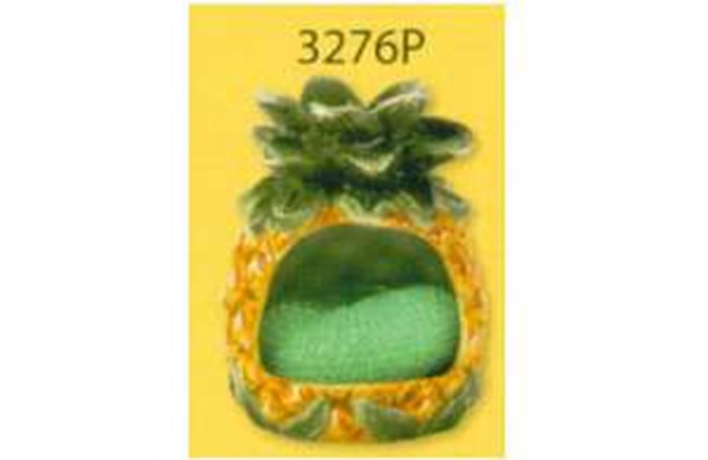 Yellow and green pineapple-shaped scrubber holder with green scourer inside.