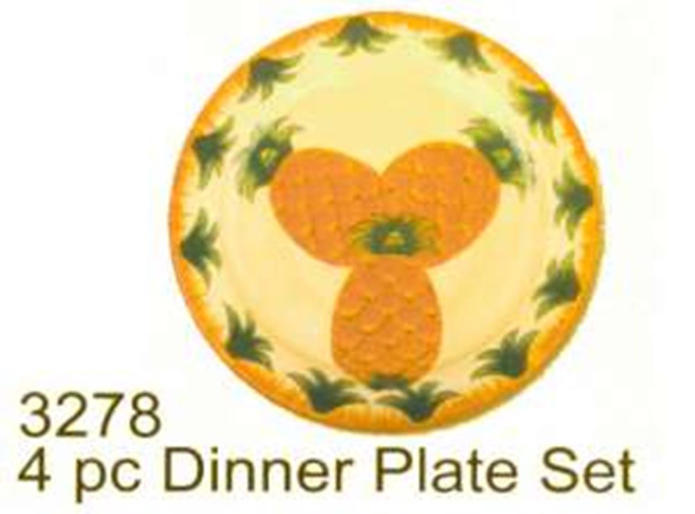Round yellow dinner plate with three pineapples in the center and green pineapple leaves around the rim.