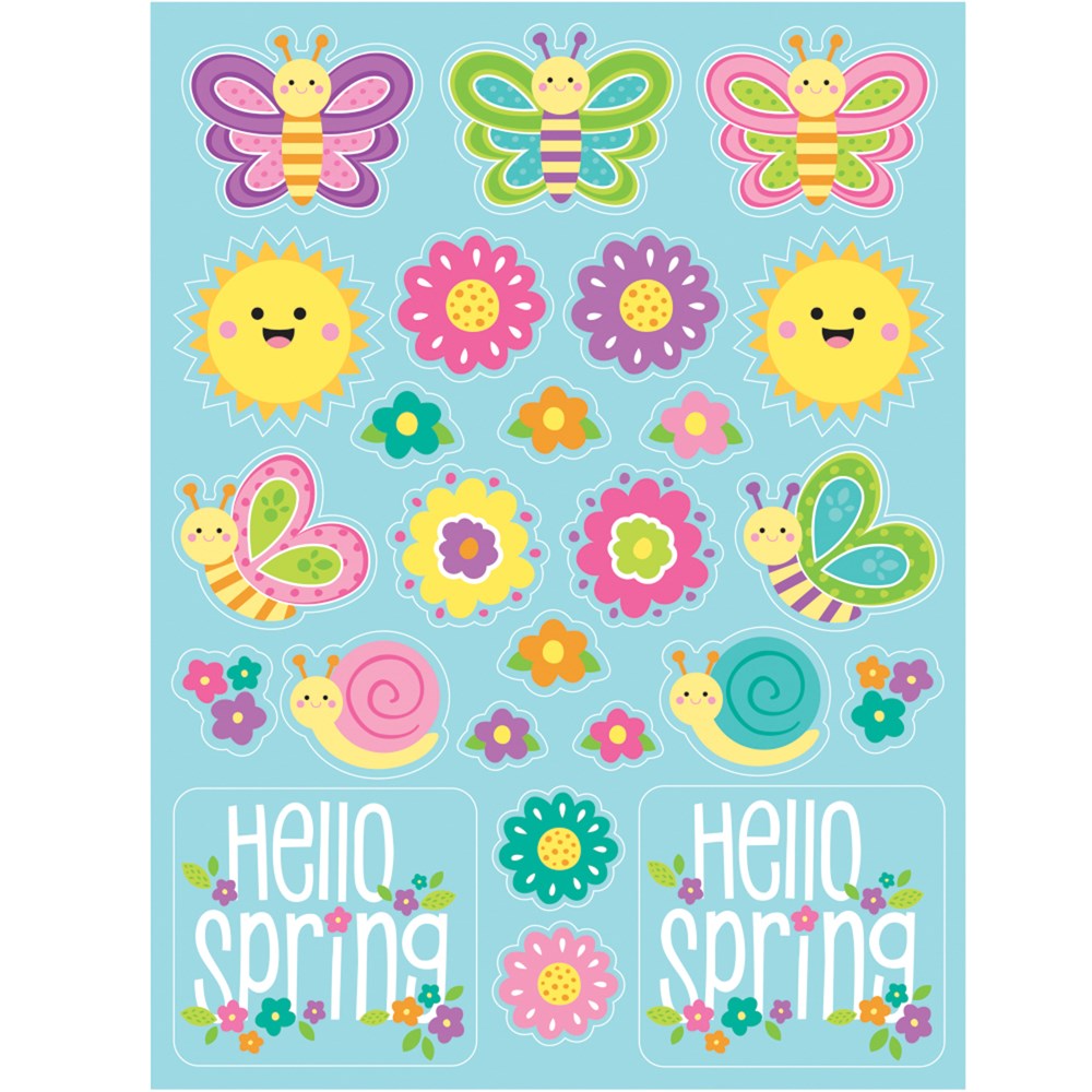 Colorful spring-themed stickers featuring butterflies, smiling suns, flowers, snails, and "Hello Spring" text on a blue.