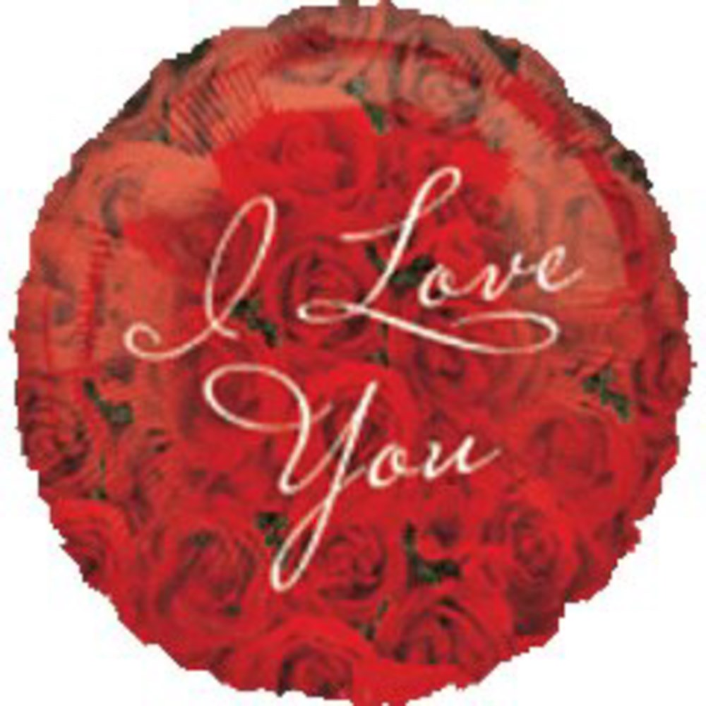 Round red foil balloon with a bouquet of roses and white "I Love You" script text.