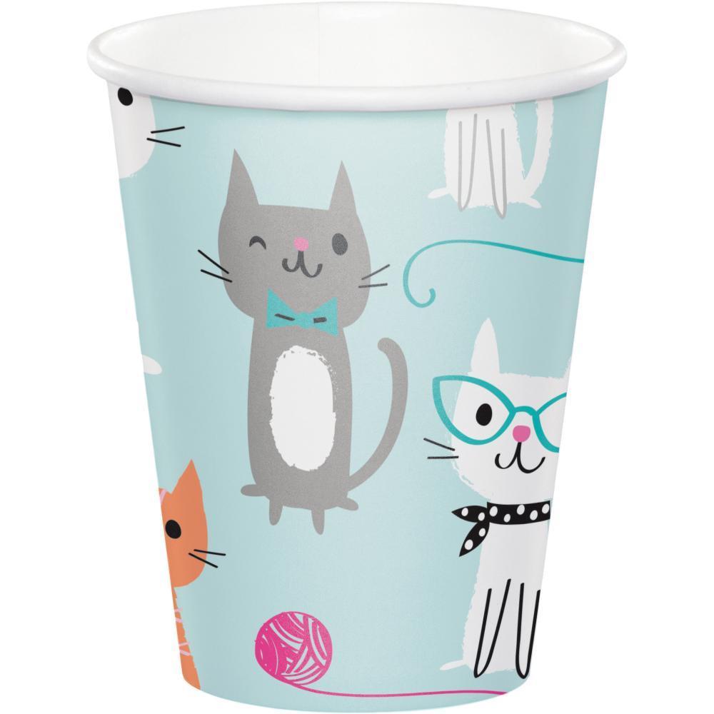 Light blue 9oz paper cup with playful cartoon cats, including one with glasses and a yarn ball design.