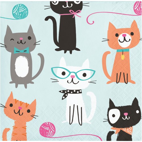 Square napkins with playful cartoon cats in various colors wearing bows and glasses on a light blue background with pink and