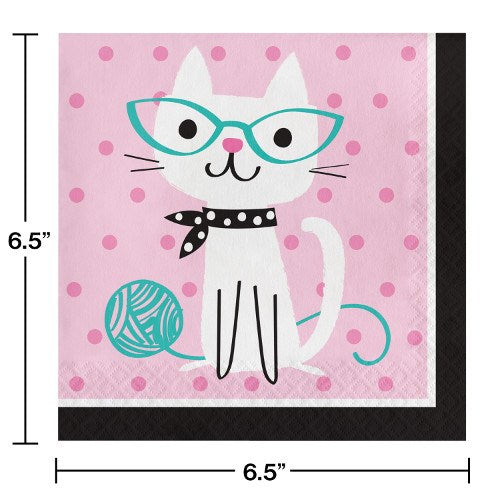 Square pink paper napkin with white cat wearing teal glasses and black polka dot scarf, with blue ball of yarn design.