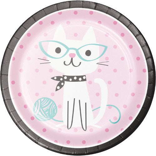 Round paper plate with a pink polka dot background featuring a white cat wearing blue glasses and a black polka dot scarf.