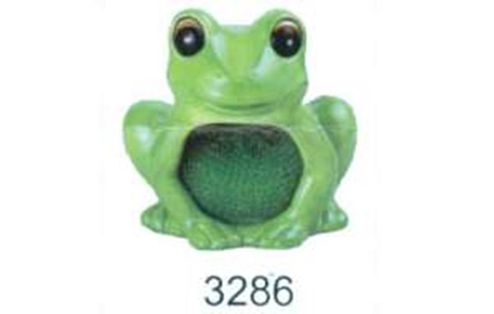Green ceramic frog figurine with large eyes and textured belly sitting upright.