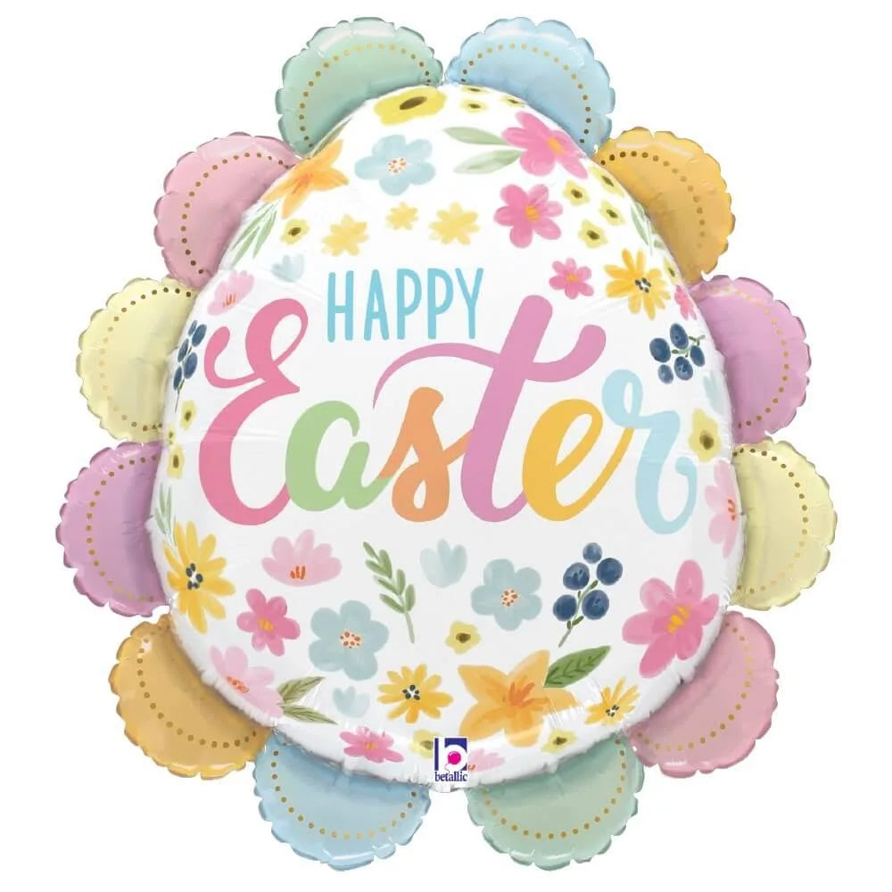 30-inch foil Easter egg balloon with pastel ruffled edges, floral patterns, and "Happy Easter" text in colorful script.