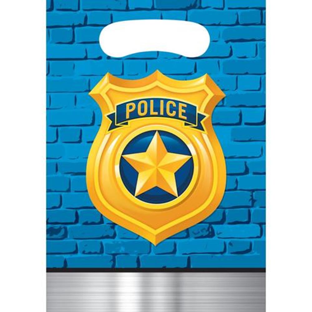 Blue loot bag with handle featuring a large gold police badge and star design.