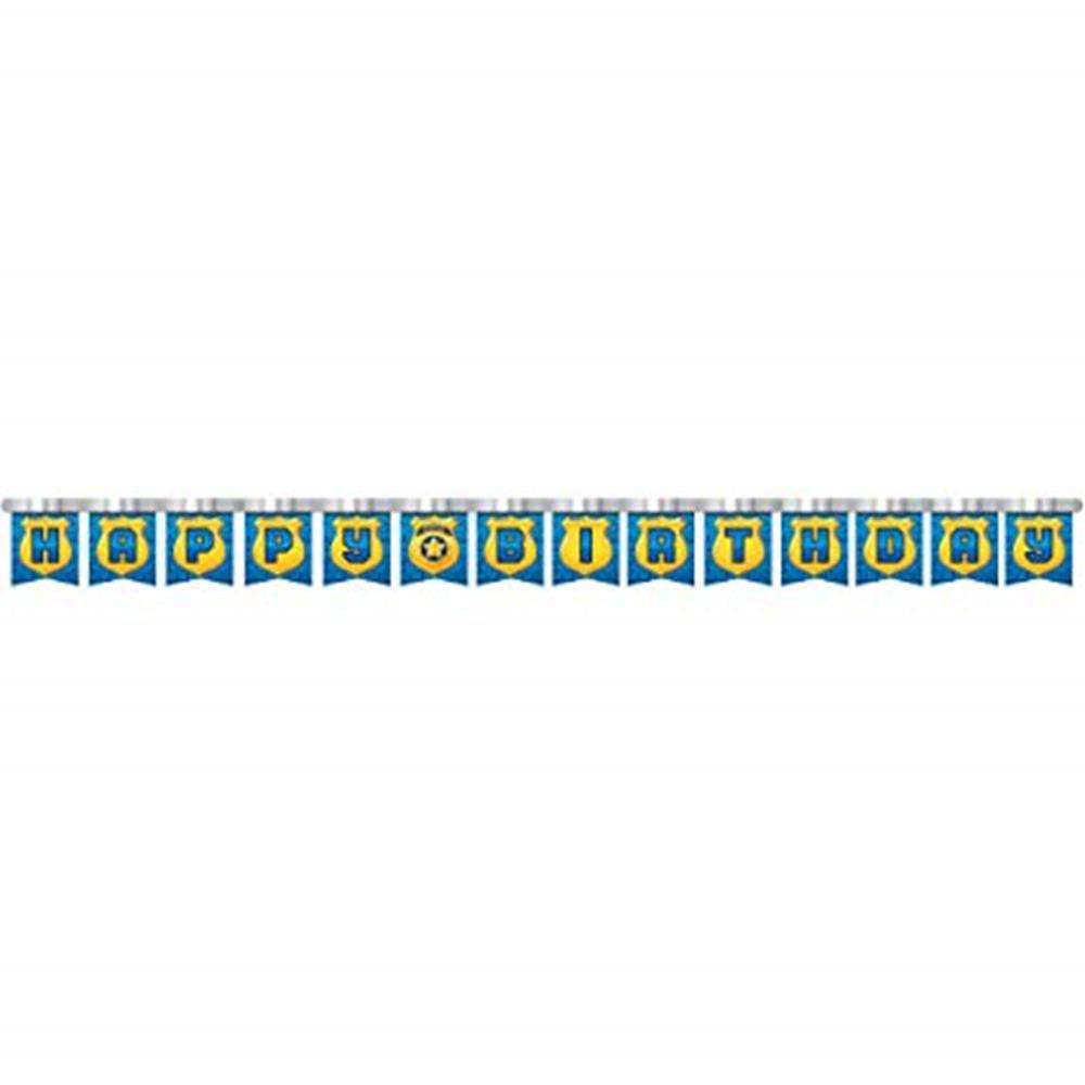 Blue and yellow jointed paper banner spelling "Happy Birthday" with police badge designs.
