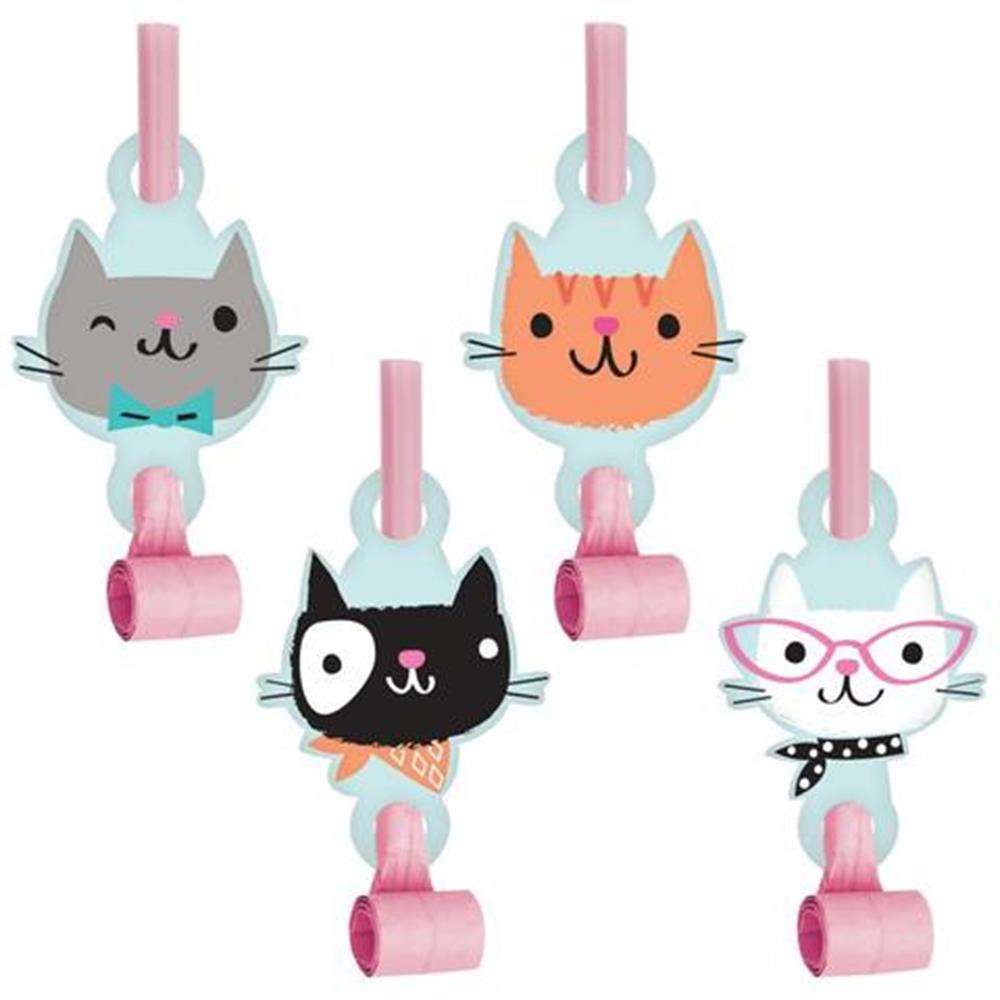 Set of four party blowouts featuring cat faces in pastel colors, each with a pink blower and unique accessories.