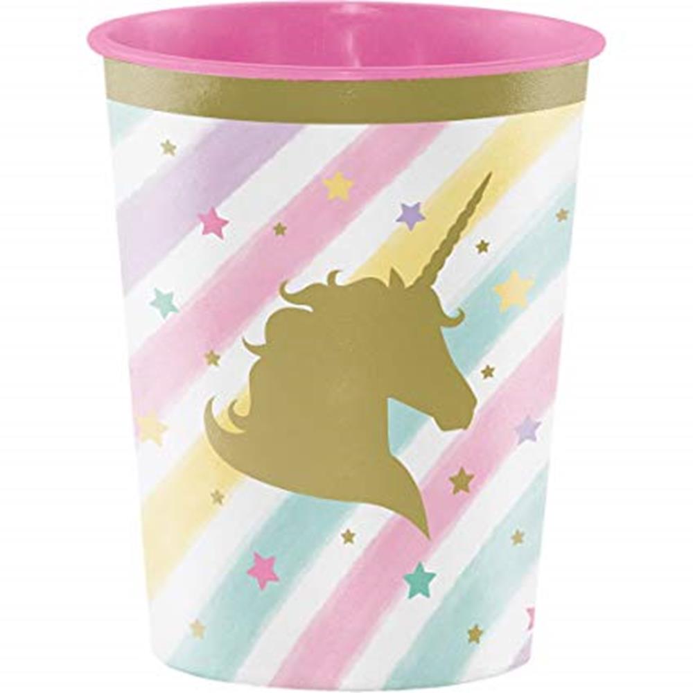 16oz plastic tumbler with pastel rainbow stripes and gold unicorn silhouette.