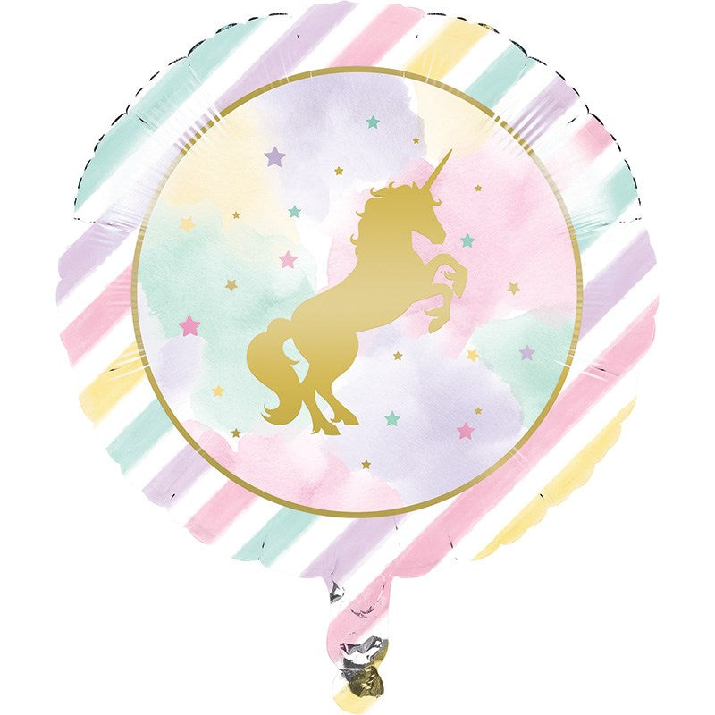 Metallic 18in round balloon with pastel rainbow stripes and golden unicorn silhouette surrounded by small stars.