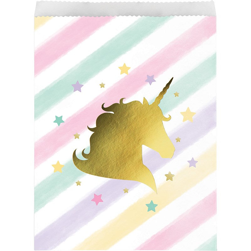 Large paper treat bag with pastel diagonal stripes and a gold foil unicorn head surrounded by colorful stars.