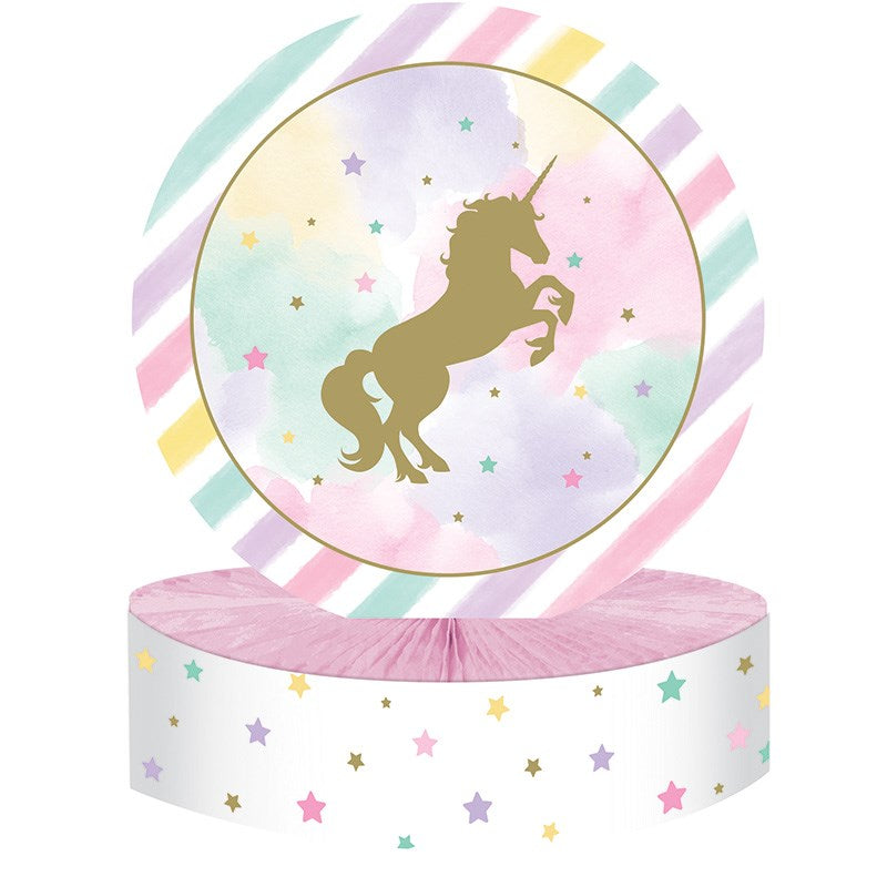 Round centerpiece with a gold unicorn silhouette on pastel pink and blue watercolor background, topped with multicolored.
