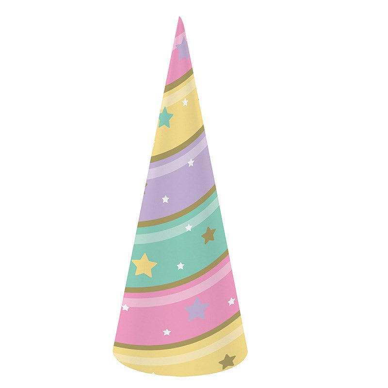 Tall, colorful party hat with pastel stripes and star patterns, shaped like a unicorn horn.
