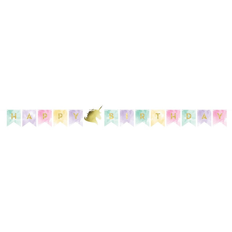 Pastel-colored foil banner with alternating flags spelling "HAPPY BIRTHDAY" and a central gold unicorn head silhouette.