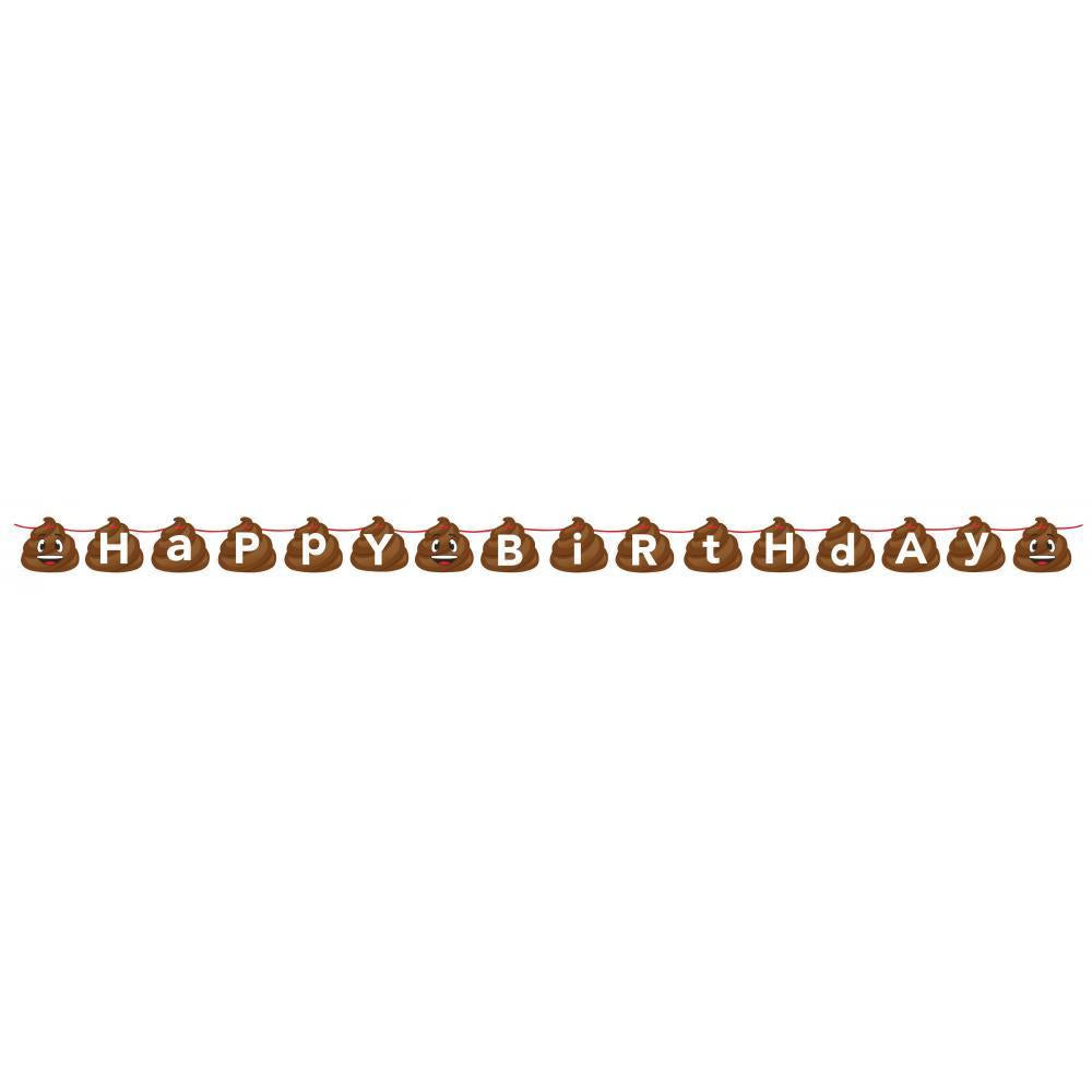 Brown poop emoji-shaped cutouts with black letters spelling "HAPPY BIRTHDAY" on a string banner.