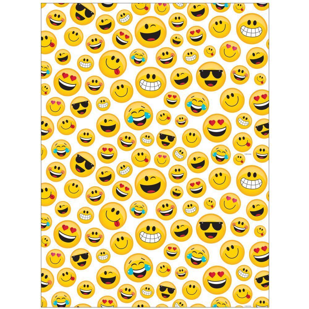 Bright yellow emoji pattern backdrop featuring various expressive faces on white background.