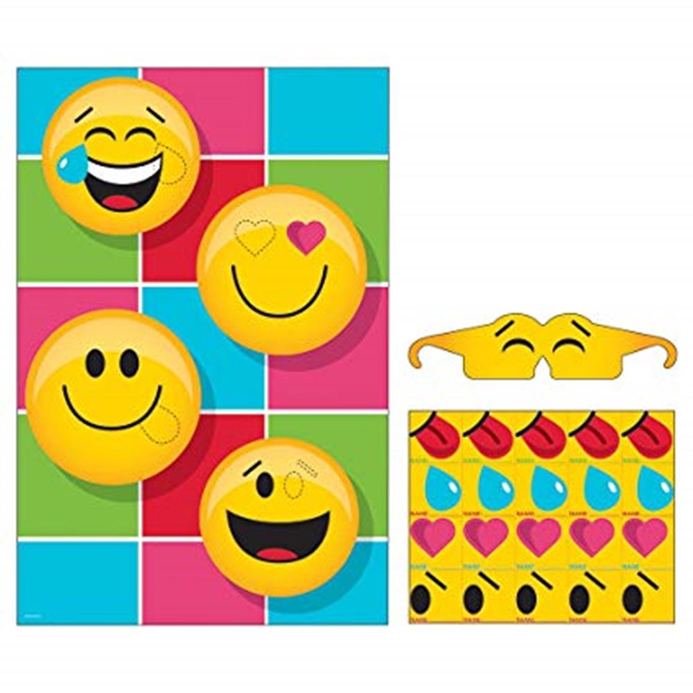 Yellow emoji face pins with laughing, heart eyes, smiling, and surprised expressions on colorful grid background and.