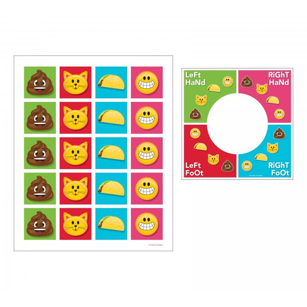 Colorful square spinner board with labeled hand and foot spots and matching emoji cards featuring poop, cat, taco, and.