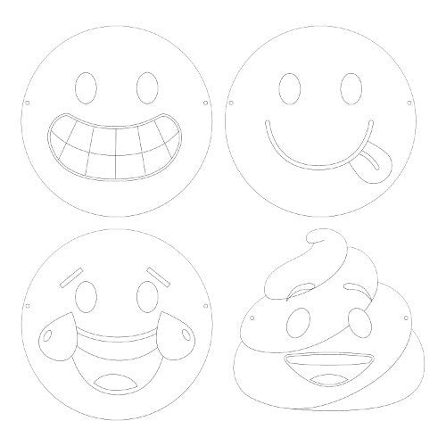 Set of four white emoji masks with black outlines showing grinning toothy smile, smiling face with tongue out, laughing with