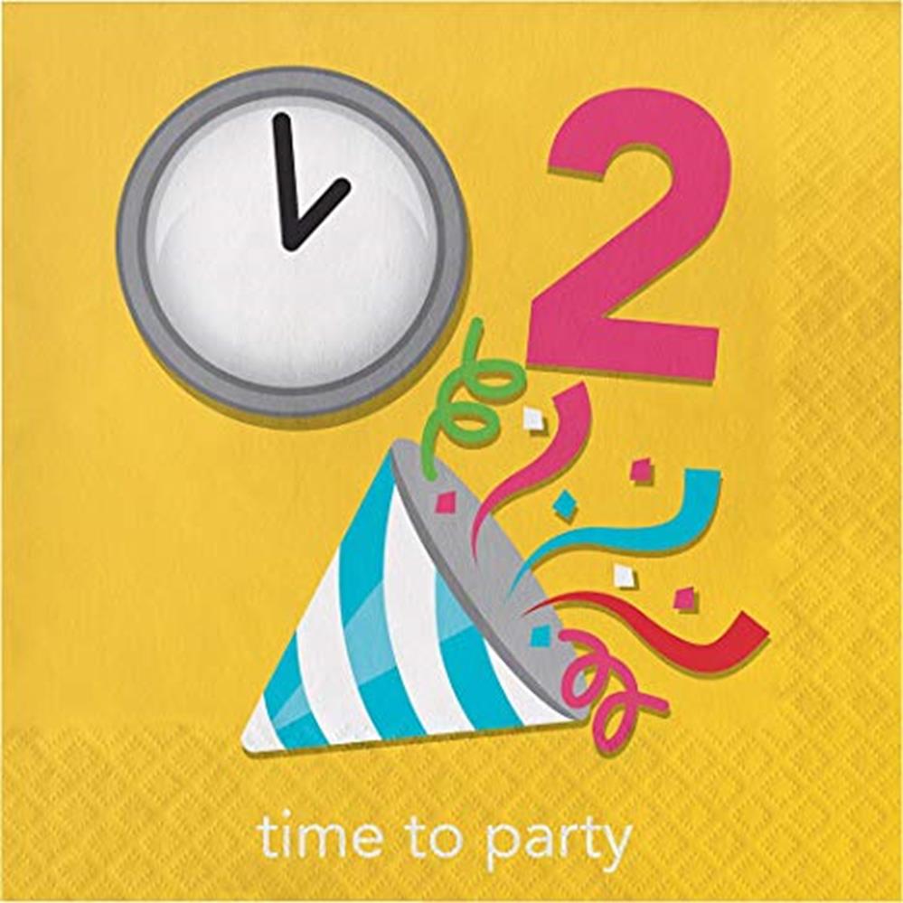 Yellow square napkin with a clock showing 2 o'clock, a large pink number 2, and a blue-striped party hat with colorful.