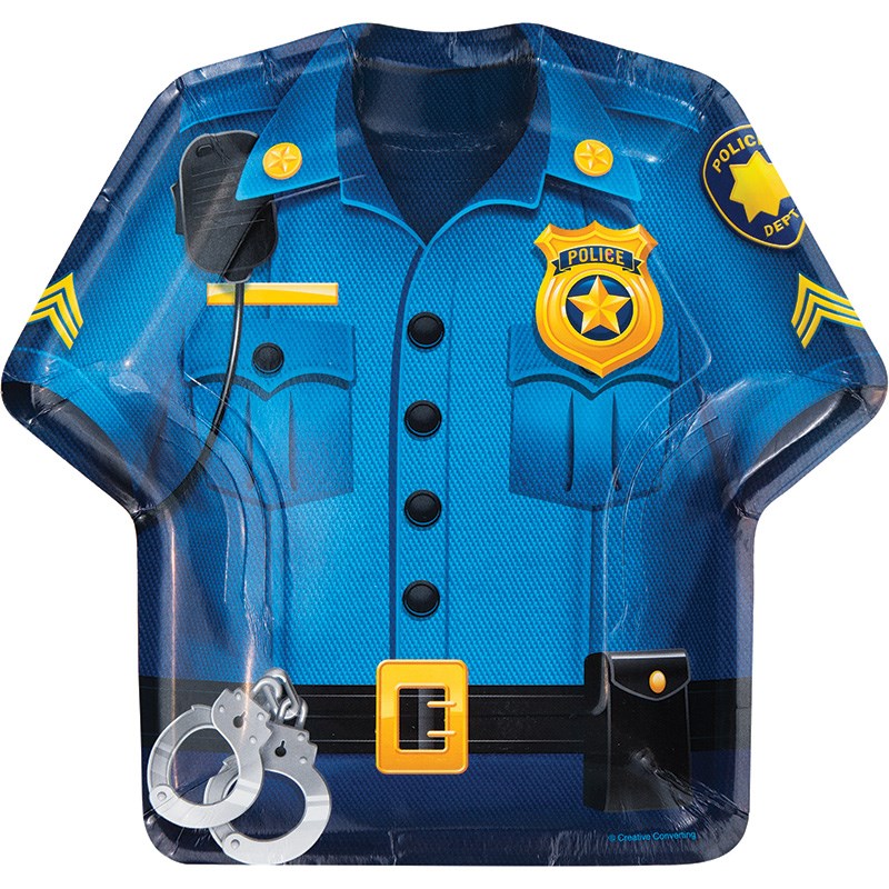 Blue police uniform-shaped party plate with badge, handcuffs, and yellow details, 8-pack.