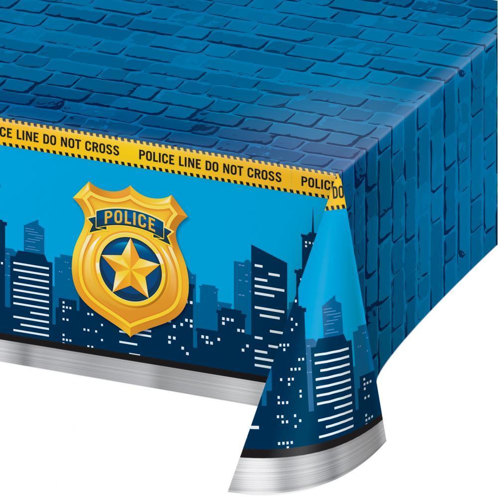 Blue plastic tablecover with city skyline, police badge, and yellow "Police Line Do Not Cross" tape design.