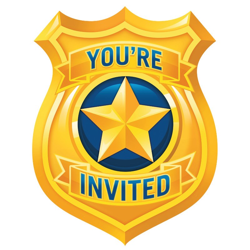 Gold police badge-shaped party invitation with blue star and "You're Invited" text.