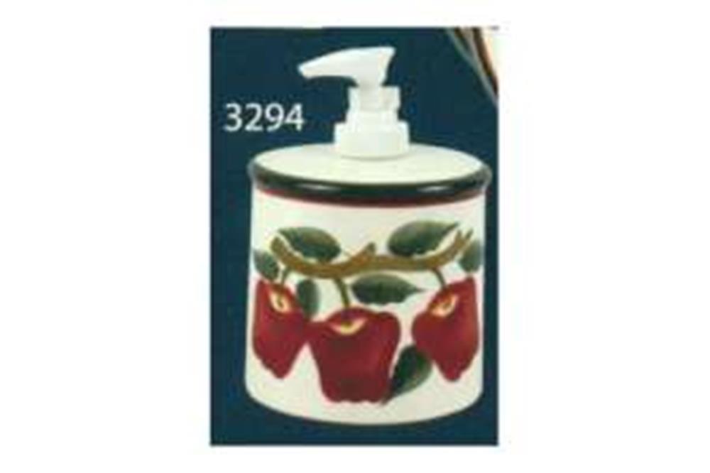 Ceramic dispenser with pump, decorated with red apples and green leaves on white background.
