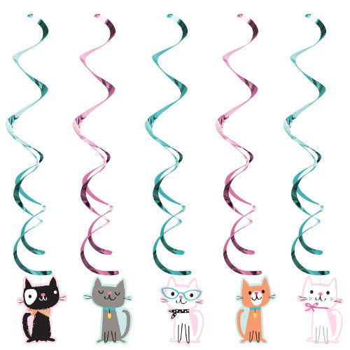 Set of five spiral hanging decorations in pink and teal featuring cartoon cat faces with glasses and bows.
