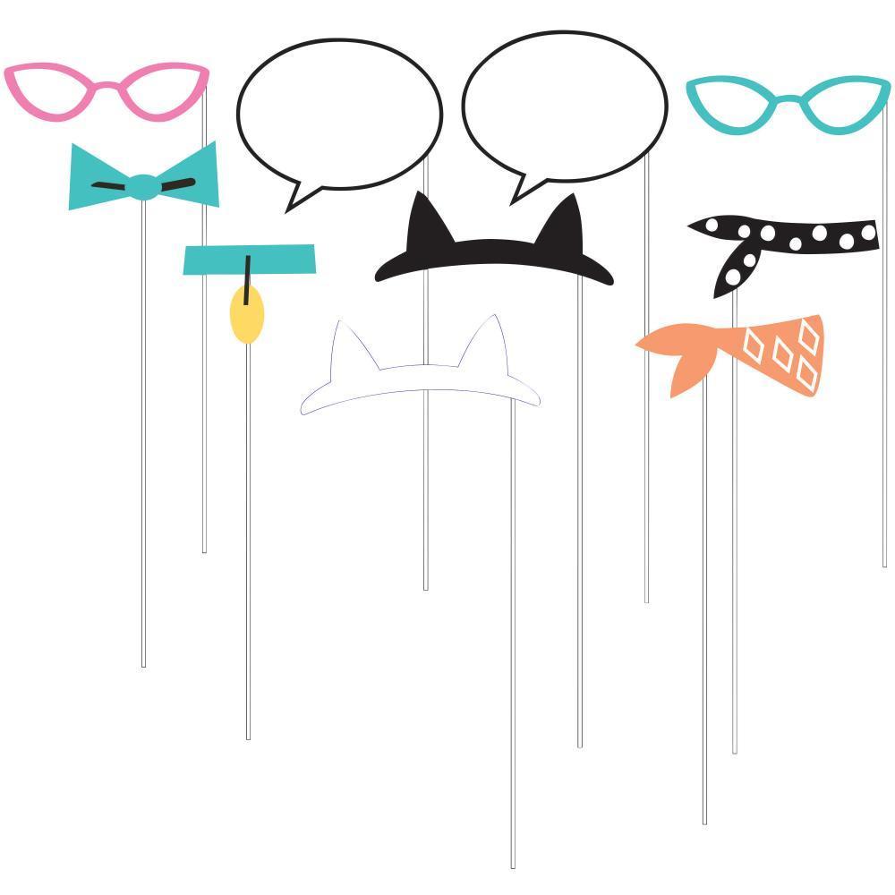 Colorful animal-themed party photo props including glasses, bow ties, speech bubbles, cat ears, and bandanas on sticks.