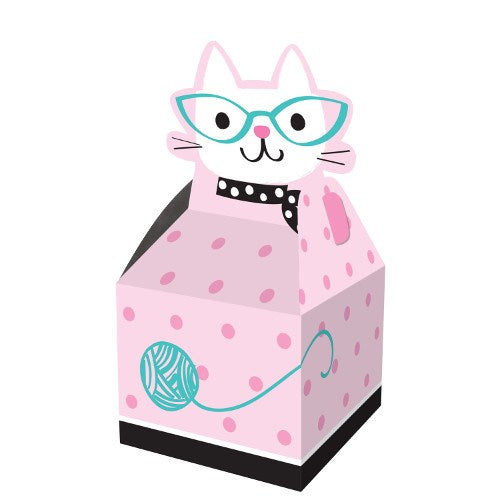 Pink cat-shaped party favor box with blue glasses, black collar, and yarn ball design.