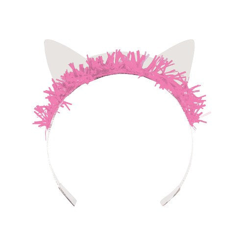 Pink plastic headband with shiny tinsel and white cat ears on each side.
