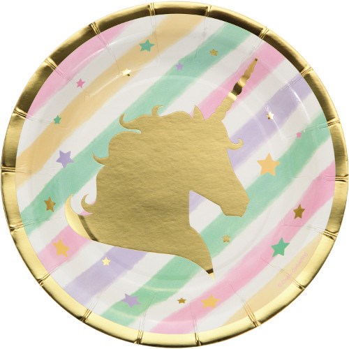 Round paper plate with pastel rainbow stripes, gold foil unicorn silhouette, and gold rim edge.