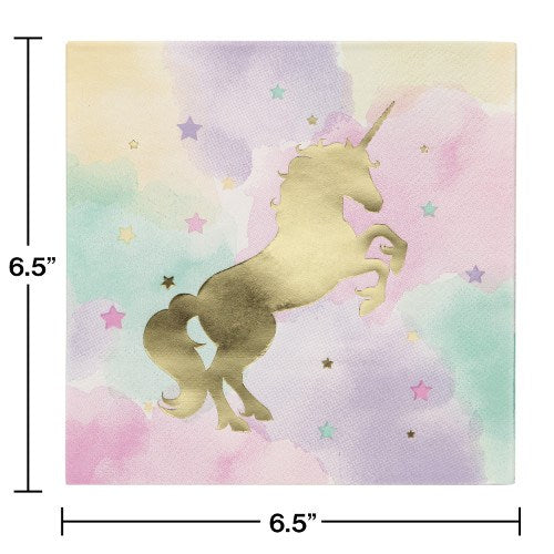 Square lunch napkin with gold foil-stamped unicorn on pastel watercolor background with stars.