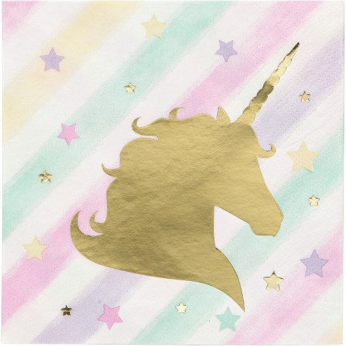 Square beverage napkin with pastel rainbow stripes and a large gold foil unicorn silhouette surrounded by small gold and.
