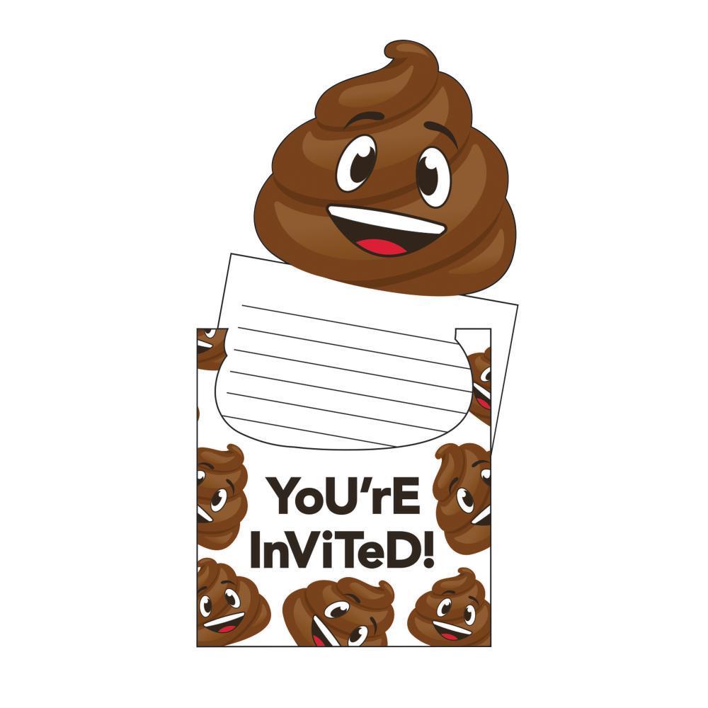 Birthday invitation featuring smiling poop emoji with lined space for writing, colorful and playful design.