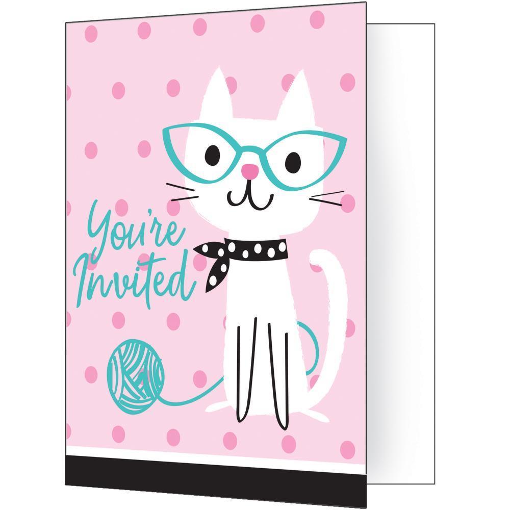 Pink party invitation card with white cat wearing blue glasses and black polka dot bow, yarn ball graphic, and teal text.