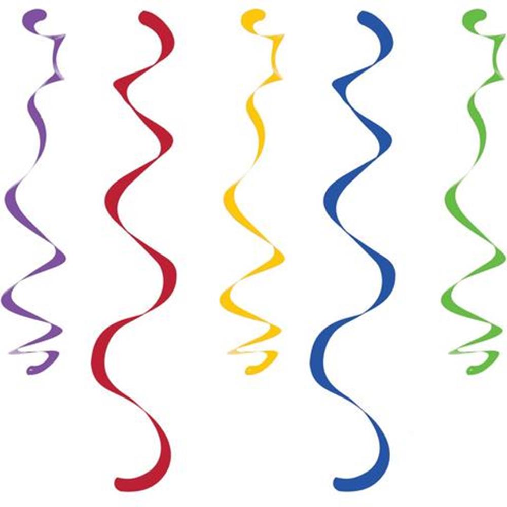 Set of five 18-inch colorful spiral danglers in purple, red, yellow, blue, and green hanging strings.