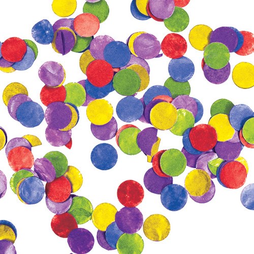 Colorful round tissue paper confetti in red, yellow, green, blue, and purple scattered on white background.