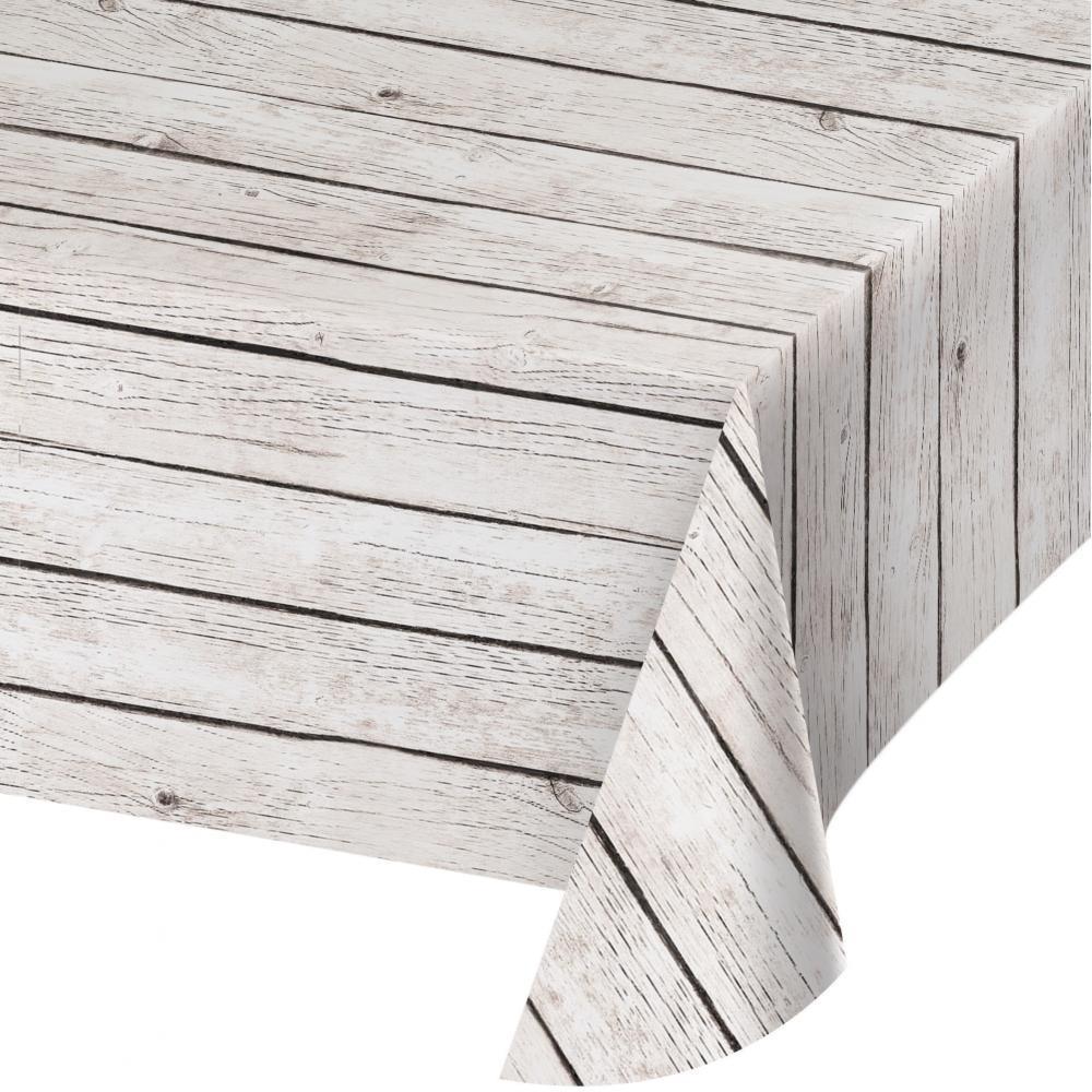 White tablecover with horizontal wood grain pattern and a textured plank design.